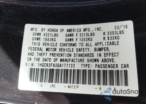 2016 Honda Accord Ex-L из США, поврежденный, VIN 1HGCR2F80GA177133